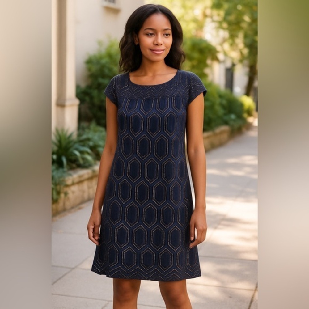 Ann Taylor Petites Navy Eyelet Sheath Side Zip Dress EUC 2P #756